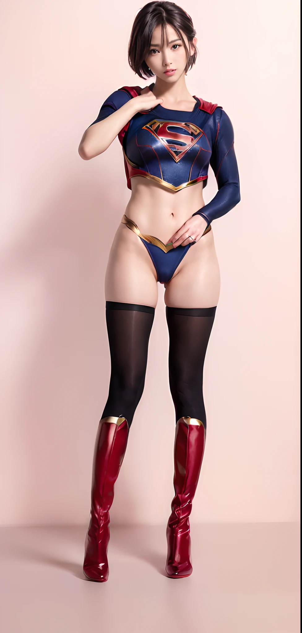Beautiful girl fighting、japanes、Cute Beautiful Girl、(((Wear black tights on your beautiful legs.)))、(((beauty legs)))、(((Open thighs)))、((((Make the most of the original image)))、(((Supergirl Costume)))、(((Beautiful hair with short cuts)))、(((Injured)))、(((Feet must necessarily be worn with black tights)))、(((You need to wear red boots)))、((Top image quality、8K))、((top-quality、8K、masterpiece:1.3))、(((Keep your background simple)))、Crisp focus:1.2、Beautiful woman with perfect body shape:1.4、Slender Abs:1.2、a wet body:1.5、Highly detailed facial and skin texture、8K、Keep your background simple