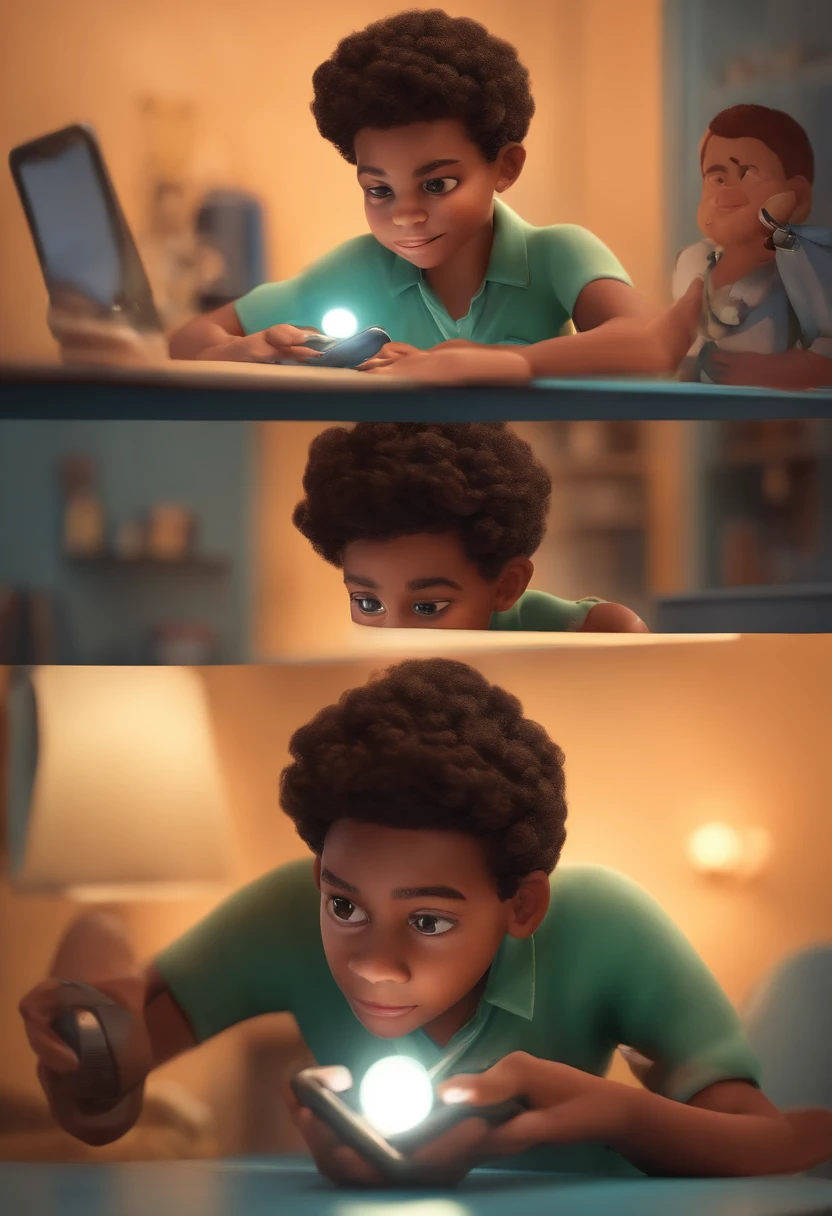 Image of a boy for a story in a YouTube video in Pixar format, He's the  allabester, He's the class leader, He's outgoing, Playful and gets up for a lot of things, ele tem pele morena, cabelo LISO preto,  He's using his phone to generate content, ele esta no cenario onde e seu estudo de criacao de conteudo onde tem iluminacao que da nocao profundidade e titulo escrito no cenario "Maykon Desinger"