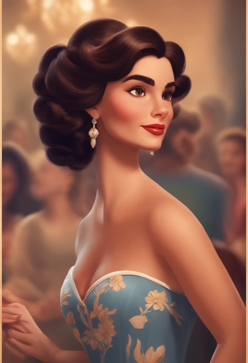 Create a Pixar-style poster She's a brunette, cabelos cacheados na altura dos ombros, sorridente, usando um vestido e eculos, Reminiscent of animated features. Focus on character expressions, cores vibrantes, e texturas altamente detalhadas