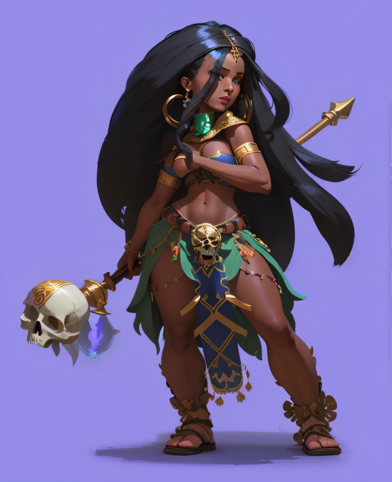 (masterpiece, best quality), a cartoon character with a staff and a skull, black hair, female druid, mayan priestess, confident pose, human sorceress, beautiful dark skinned woman, full body, spirit fantasy, painted as a game concept art, stylized character design, simple background, digital art, character modeling