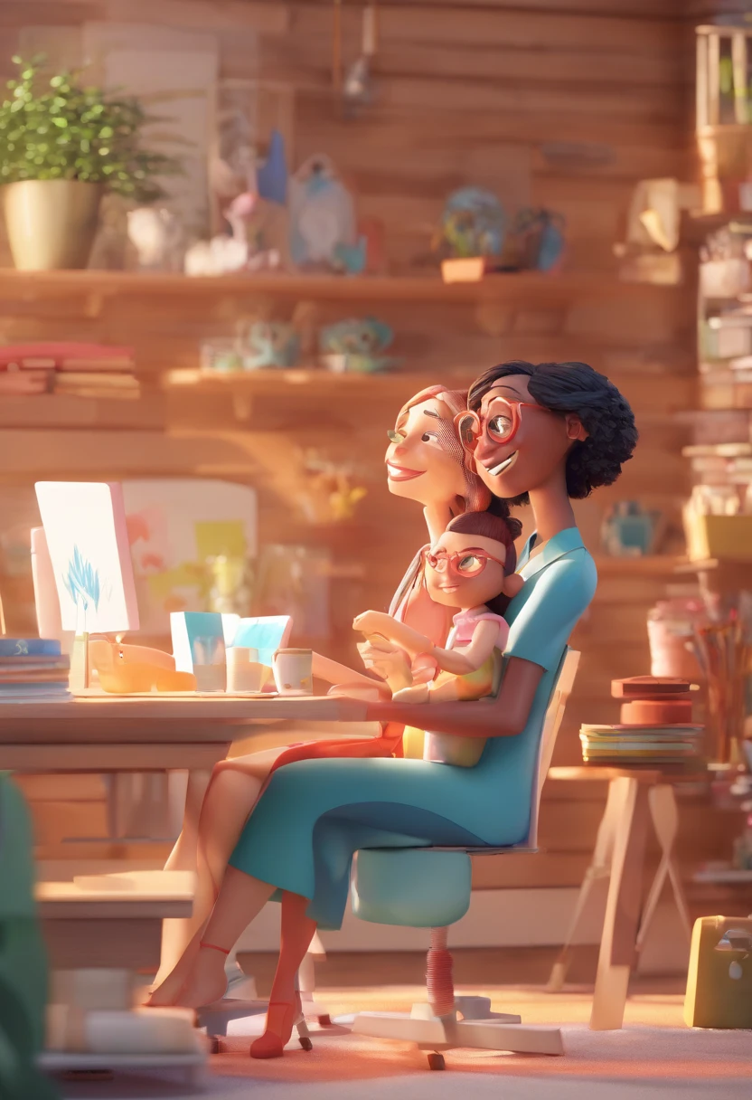 An illustration of an adorable couple, Highlight for a white woman with long straight black hair and glasses and a red-haired woman with wavy hair with beautiful expressive eyes - the skin of the two is white. They are a bright room, cada um com um sorriso no rosto, e compartilhar um momento especial caracterizado pelo amor, Insights. Illustrate this scene from a perspective where they are facing the camera, Smiling and Showing Your Connection. Desenvolva esta arte em Full HD, Focus on your cinematic touch, Estilo Disney Pixar Animations