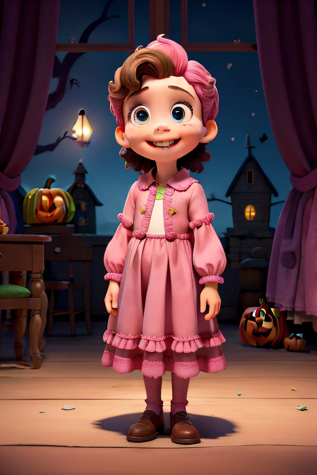 Obra prima, de melhor qualidade, A on Halloween inside a pink van, fantasiada de frankenstein vendendo picole com pontas quadradas, de cor amarela