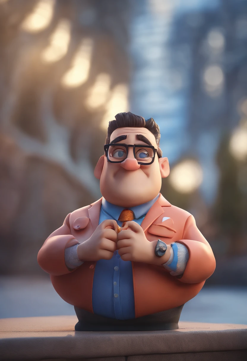 Cartoon character of a man with black glasses and a blue shirt, bigode baixo e barba curta, animation character, Caractere estilizado, animation style rendering, 3D estilizado, Arnold Maya render, 3 d render stylized, toon render keyshot, Personagem 3D, Personagem 3D, 3d rendering stylized, 3 d character render, personagem de desenho animado, Personagem de close up, Pose de personagem, (Estilo Pixar) (master part:1.2) (Bokeh) (best quality) (pele detalhada) (textura detalhada) (8k) (argila) (Cinematic lighting) (foco nítido
