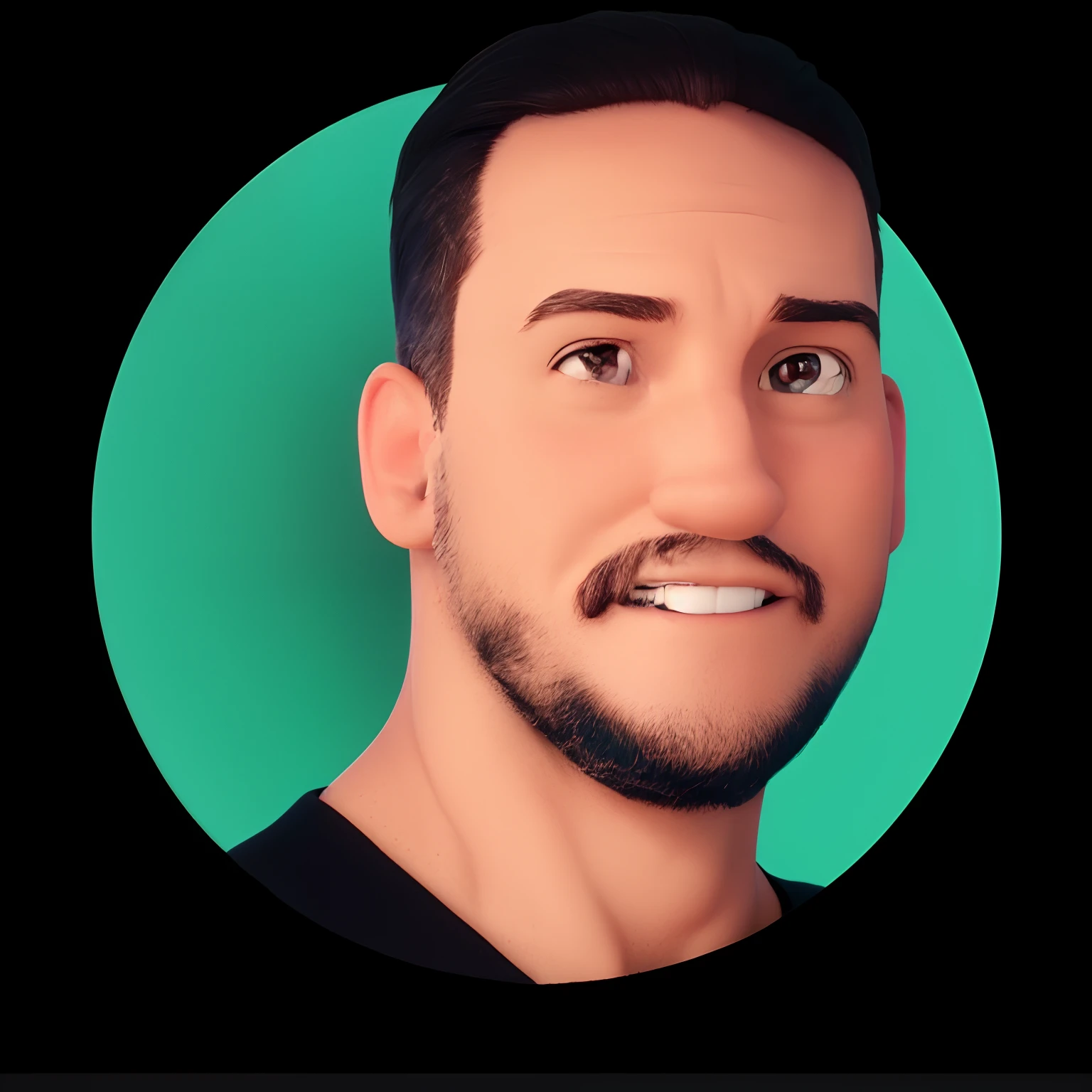 poster 3d inspirado na disney pixar capturando uma cena com um homem de 38 anos, cabelos castanhas escuro, liso e curto, usando oculos, barba curta, usando uma camisa preta, with a strong physique, In the video studio, He has his arms crossed, sorrindo, because he is very happy and in the background a written picture "Data Science".