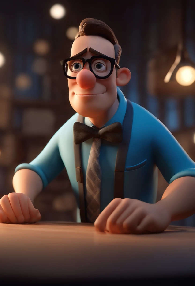 Cartoon character of a man wearing black glasses and a blue shirt, um personagem animado, Caractere estilizado, animation style rendering, 3D estilizado, Arnold Maya render, 3 d render stylized, toon render keyshot, Personagem 3D, Personagem 3D, 3d rendering stylized, 3 d character render, personagem de desenho animado, Personagem de close up, Pose de personagem, (Estilo Pixar) (master part:1.2) (Bokeh) (best quality) (pele detalhada) (textura detalhada) (8k) (argila) (Cinematic lighting) (foco nítido，Senta e vaza a parte superior do corpo