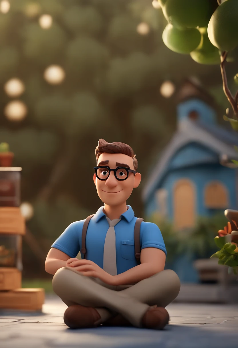 Cartoon character of a man wearing black glasses and a blue shirt, um personagem animado, Caractere estilizado, animation style rendering, 3D estilizado, Arnold Maya render, 3 d render stylized, toon render keyshot, Personagem 3D, Personagem 3D, 3d rendering stylized, 3 d character render, personagem de desenho animado, Personagem de close up, Pose de personagem, (Estilo Pixar) (master part:1.2) (Bokeh) (best quality) (pele detalhada) (textura detalhada) (8k) (argila) (Cinematic lighting) (foco nítido,Senta e vaza a parte superior do corpo