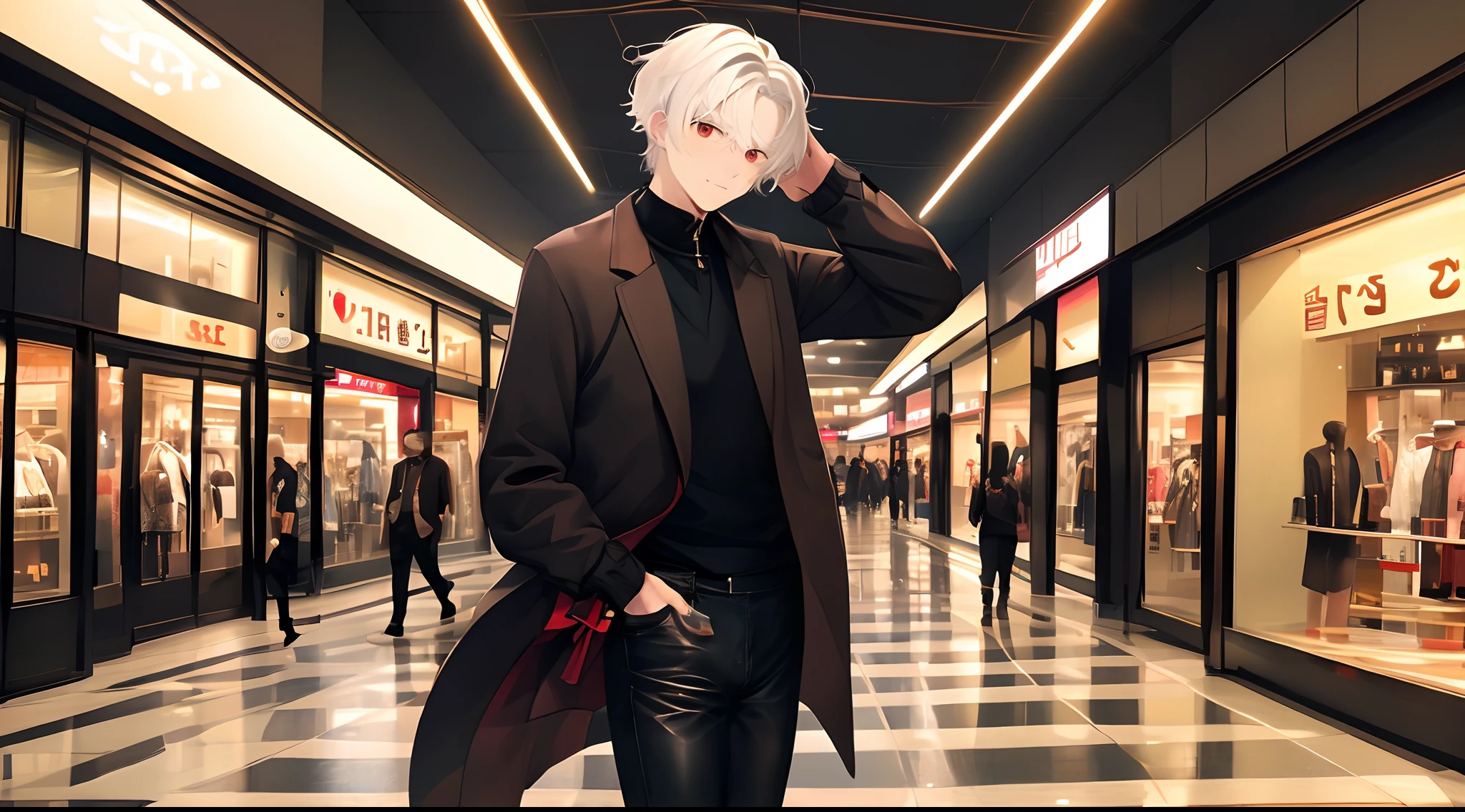 (4K works))、​masterpiece、(top-quality)、((shopping mall))、Korean Male、Adult male、((Adult 50 years old))、((Adult uncle type))、((Leather Jeans Style))、((Face similar to Hyunjin))、Cool Men、tall、((Gentle face))、((Cool werewolf fashion in black))、((Long sleeve long trouser style))、((Smaller face))、Slim body、((Uncle))、((white  hair))、((white short-haired))、((Red Eyes))、((shot from front))、((Shot alone))、((Solo Photography))、Professional Photos、((Reach out to your audience))、((He walks in front of the viewer))、((dad bod))、