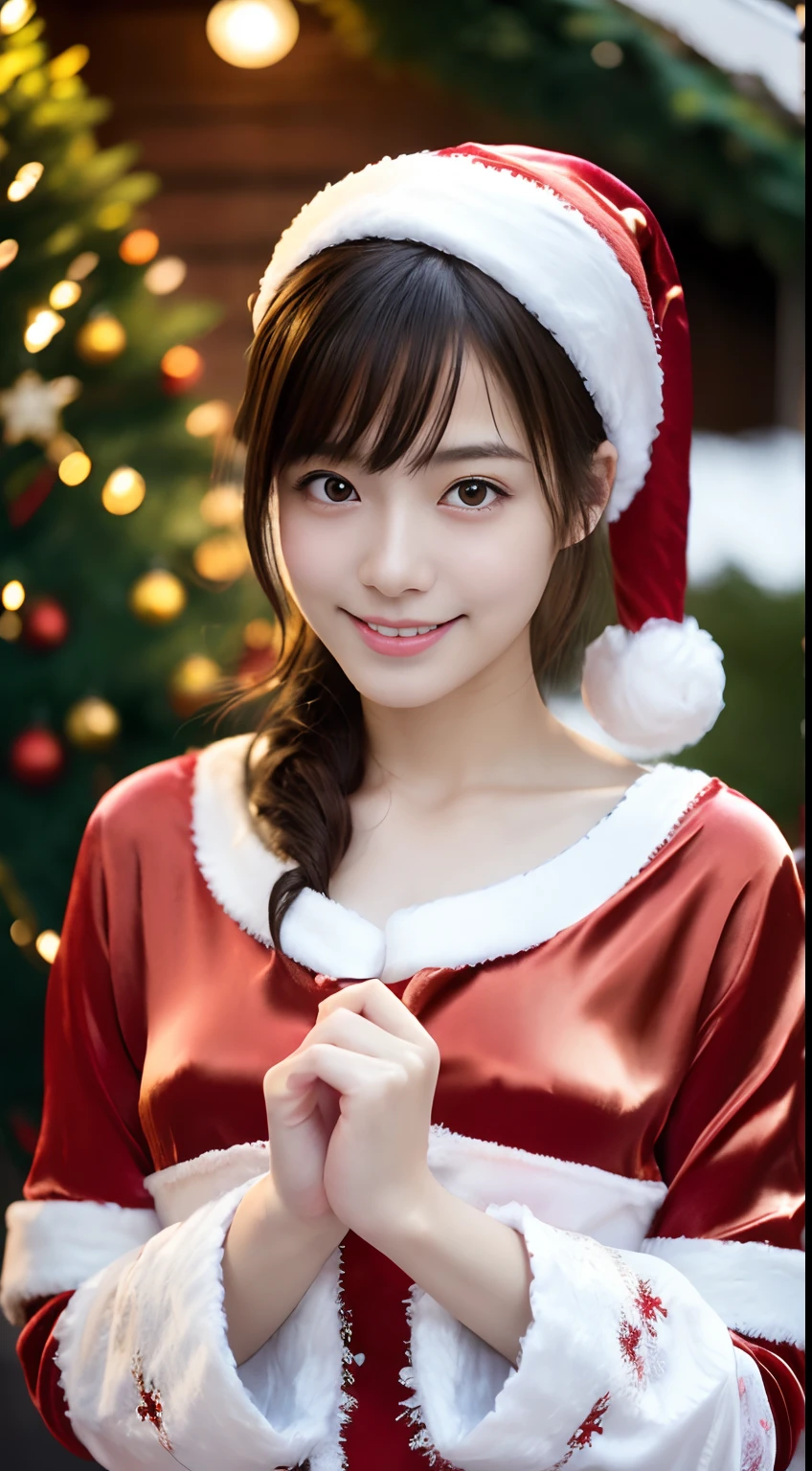 tre anatomically correct,Masterpiece of,High image quality,(Cute Santa Claus costumes:1.5),(The material of the costume is fine silk:1.4),20 years old, Japan Female, (Random posture:1.4),Professional Lighting,((Japan hair)),((Natural smile)),The ultra-detailliert、High quality textures、intricate detailes、detaileds、Very detailed CG、High quality shadows、Detail Beautiful delicate face、Detail Beautiful delicate eyes、depth of fields、Ray traching,1girl in, japanaese girl, Fashion Model, slender,Warm atmosphere,Outdoors with a Christmas atmosphere,He looks kind of sad