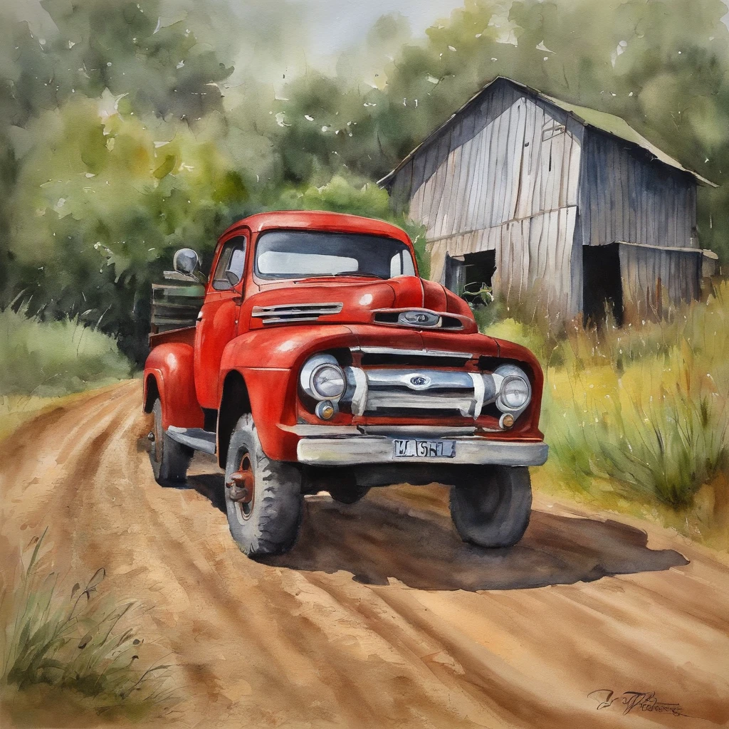 Ford D-20 na cor vemelha, na fazenda, oil-painting, highes definition。