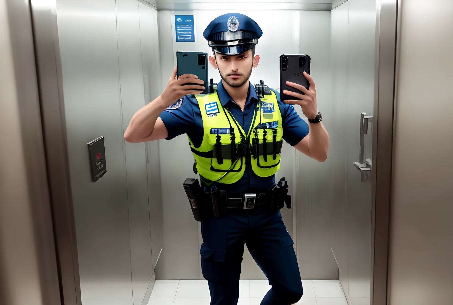 Man in Safety Vest Taking a Selfie in an Elevator, vestindo uniforme policial, security agent, full body camera shot, Africano Canadense, (SFW) seguro para o trabalho, Police man!!, uniforme completo, policial, Selfie!!!!! de um homem, Vestindo o uniforme da RR Diner, Foto tirada em 2018, vestindo uniforme de encanador, traje completo