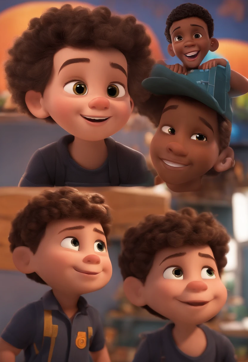 Image of a boy for a story in a YouTube video in Pixar format, He's the , He's the class leader, He's outgoing, Playful and gets up for a lot of things, cabelo LISO preto curto, pele mulata, Ao fundo, he's on the scene being his studio ed content creation where there's lighting uqe of the idea of depth and a title written by maykon Desinger;