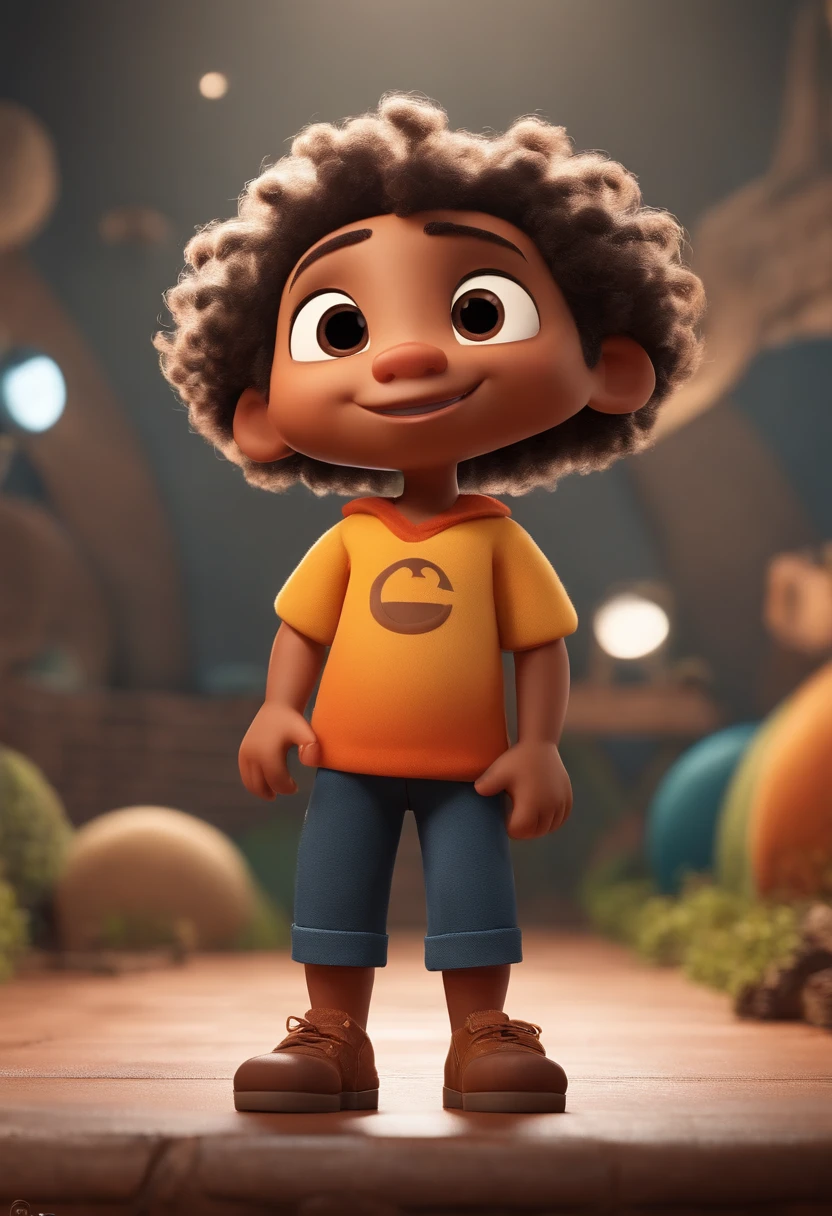 Image of a boy for a story in a YouTube video in Pixar format, He's the , He's the class leader, He's outgoing, Playful and gets up for a lot of things, cabelo LISO preto curto, pele mulata, Ao fundo, he's on the scene being his studio ed content creation where there's lighting uqe of the idea of depth and a title written by maykon Desinger;