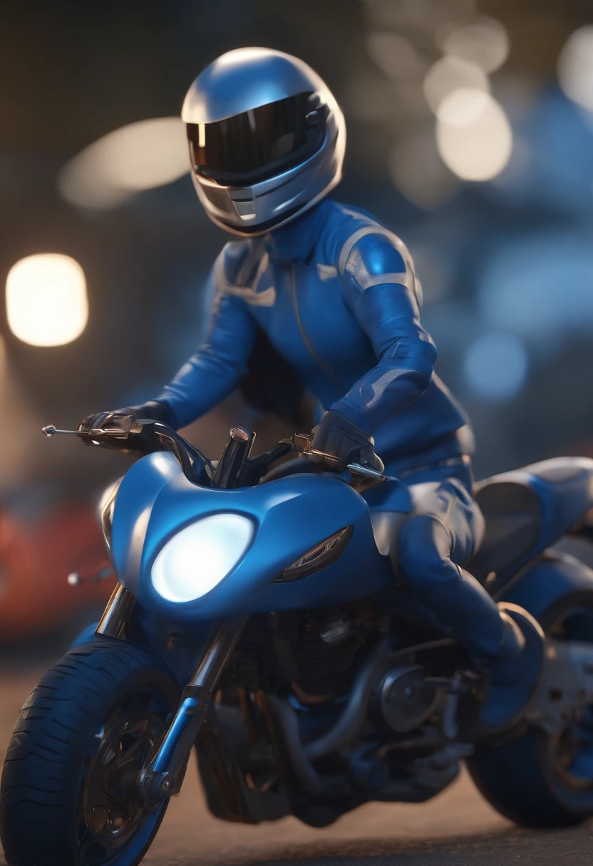 trasnforme de moto pretos e uma camisa azul, animation character, Caractere estilizado, animation style rendering, 3D estilizado, Arnold Maya render, 3 d render stylized, toon render keyshot, Personagem 3D, Personagem 3D, 3d rendering stylized, 3 d character render, personagem de desenho animado, Personagem de close up, Pose de personagem,  (Estilo Pixar) (master part:1.2) (Bokeh) (best quality) (pele detalhada) (textura detalhada) (8k) (argila) (Cinematic lighting) (foco nítido