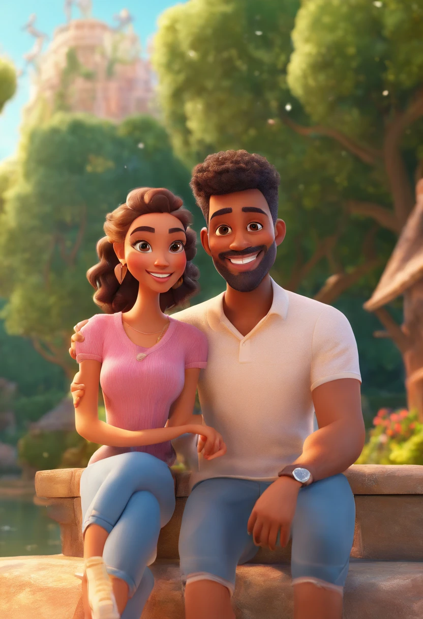 An illustration of an adorable couple in a park with a lake in the background, Highlight for a mulatto man with a serious beard and a woman with beautiful expressive eyes - the man's skin is mulatto and the man's hair is slightly curled, the woman's skin is white and the woman's hair is wavy red. They are a bright room, cada um com um sorriso no rosto, e compartilhar um momento especial caracterizado pelo amor, Insights. Illustrate this scene from a perspective where they are facing the camera, Smiling and Showing Your Connection. Desenvolva esta arte em Full HD, Focus on your cinematic touch, Estilo Disney Pixar Animations