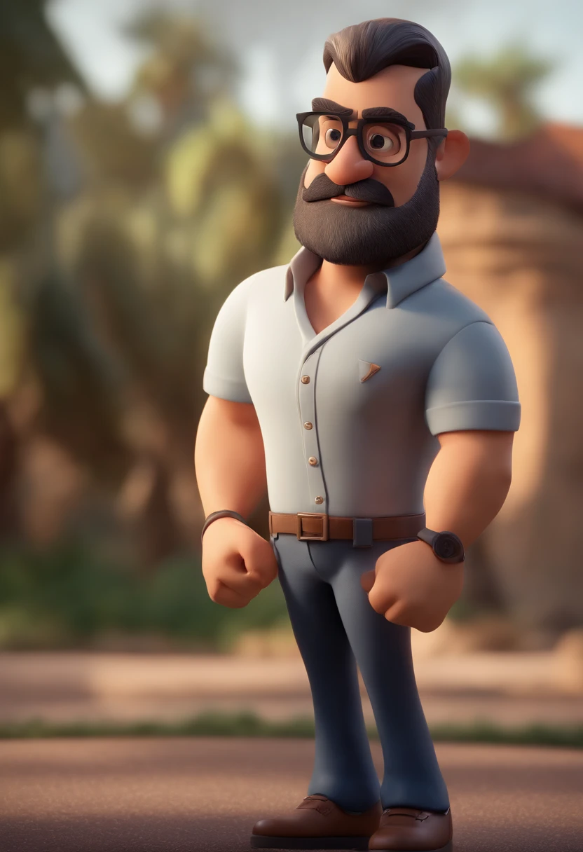 Cartoon character of a man with black glasses and a black polo shirt, cabelo liso, With beard and old school tattoo on his arm, animation character, Caractere estilizado, animation style rendering, 3D estilizado, Arnold Maya render, 3 d render stylized, toon render keyshot, Personagem 3D, Personagem 3D, 3d rendering stylized, 3 d character render, personagem de desenho animado, Personagem de close up, Pose de personagem, (Estilo Pixar) (master part:1.2) (Bokeh) (best quality) (pele detalhada) (textura detalhada) (8k) (argila) (Cinematic lighting) (foco nítido
