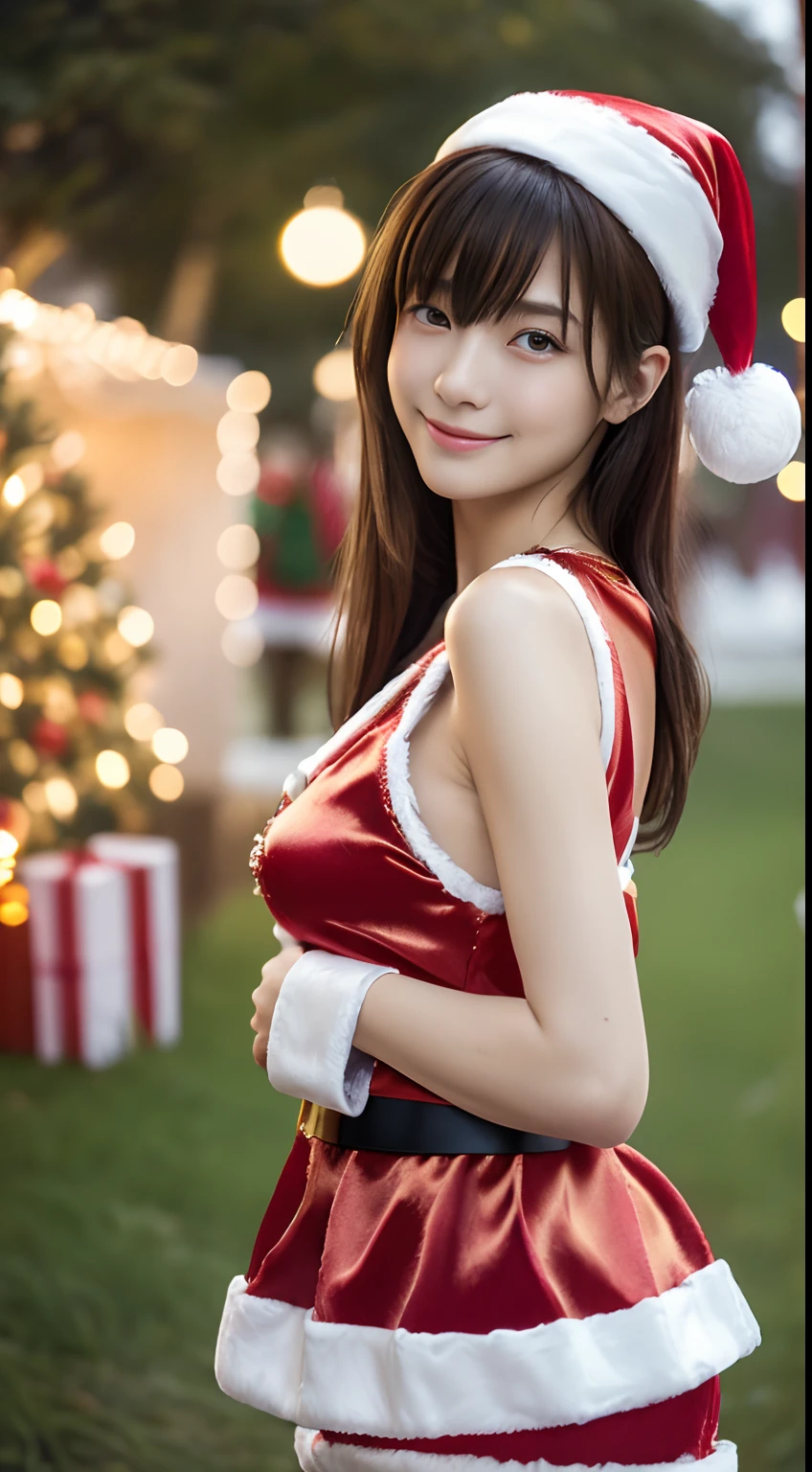 (best quality:1.2), masterpiece, 1 Japanese girl, (12-year-old, ultra cute kawaii:1.3), upper body, solo, smile, standing, looking at viewer, cowboy shot, (nup, red Santa-claus costume:1.2), ((focus on her armpits)), (((Sweaty armpits))), Armpit depression, ((((Dimpled Armpits)))), ((((Deeply wrinkled armpits)))) , Big Christmas tree on background, The background is the downtown area at night bustling with Christmas, Christmas Light Ball Bokeh