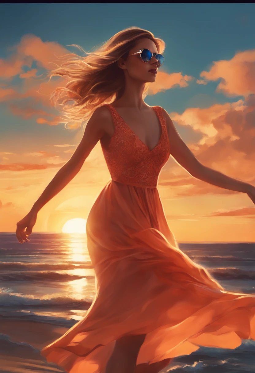 Girl in dress and sunglasses flying, por do sol, estilo anime