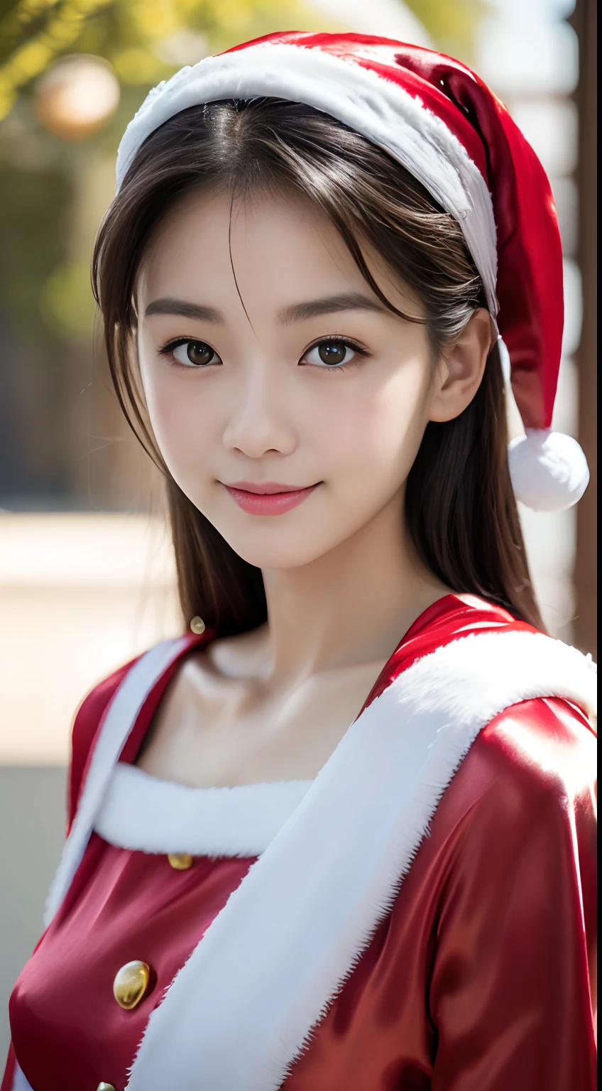 tre anatomically correct,Masterpiece of,High image quality,(Cute Santa Claus costumes:1.5),(The material of the costume is fine silk:1.4),20 years old, Japan Female, (Random posture:1.4),Professional Lighting,((Japan hair)),((Natural smile)),The ultra-detailliert、High quality textures、intricate detailes、detaileds、Very detailed CG、High quality shadows、Detail Beautiful delicate face、Detail Beautiful delicate eyes、depth of fields、Ray traching,1girl in, japanaese girl, Fashion Model, slender,Warm atmosphere,Outdoors with a Christmas atmosphere