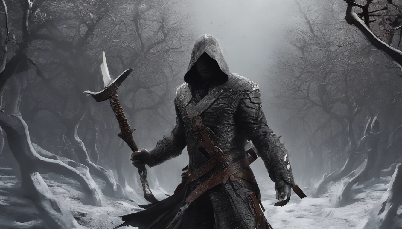 um homem alto e musculoso com terno preto rasgado e esfarrapado sem rosto, boca costurada 。completamente realista, He holds a blood-stained machete chasing a woman in torn clothes through a dark forest. Where the thunder beats and full of bones next to the trees Full High Resolution, bem feito,rico em detalhes