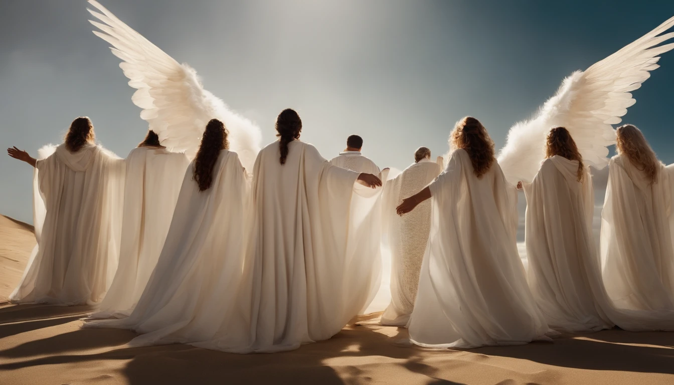 Imagem de um grupo de pessoas vestidas de branco com asas de anjo, anjos biblicamente precisos, biblical epic movie, angels protecting a praying man, anjos em vestidos de gaze branca, vestes religiosas, Reis antigos em vestes brancas, biblical clothing, Anjos, vestindo vestes brancas, 8 k filme ainda, wearing flowing robes, flowing white robes, holy themed