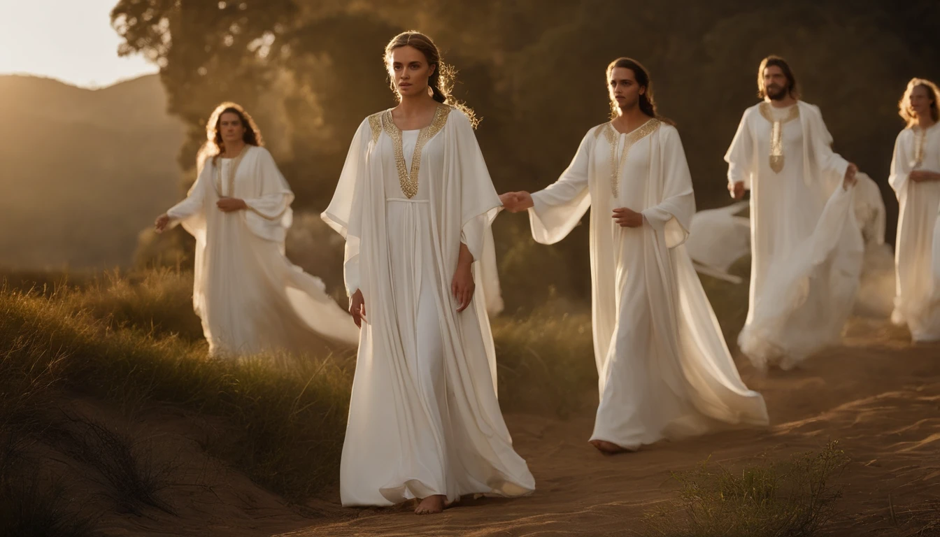 Imagem de um grupo de pessoas vestidas de branco com asas de anjo, anjos biblicamente precisos, biblical epic movie, angels protecting a praying man, anjos em vestidos de gaze branca, vestes religiosas, Reis antigos em vestes brancas, biblical clothing, Anjos, vestindo vestes brancas, 8 k filme ainda, wearing flowing robes, flowing white robes, holy themed