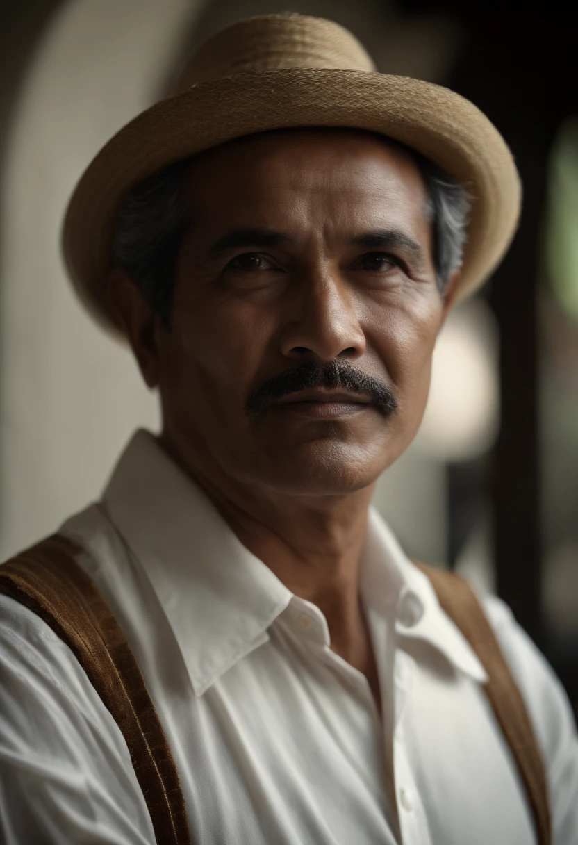 cinematic portrayal , The Man from Indonesia, alto e em forma, (40 anos:1.1), (Barbeado:1.2), (Cabelos castanhos muito curtos e finos, levemente encaracolado;:1.5),(very short, cabelos finos:1.6). (Terno de veludo preto e camisa branca :1.3) . fundo minimalista, Own composition, Detalhes fortes, cores silenciadas, Hasselblad, Estilo RAW