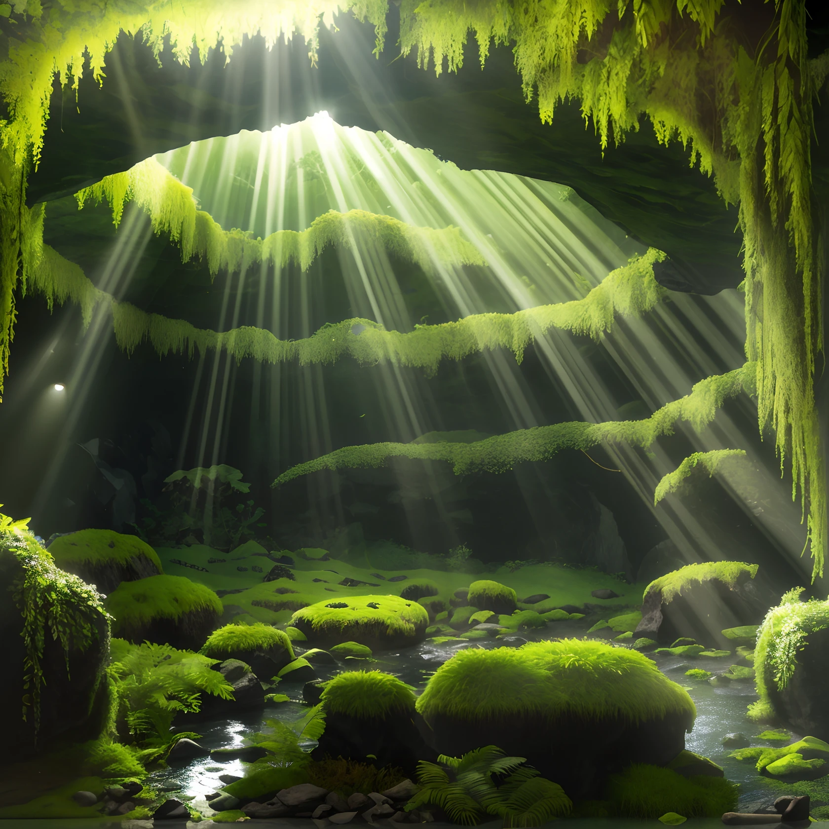 harsh light, strong contrast, Cave with open ceiling, casting the sun's rays on green mosses and ferns, and outdoor( view to the ocean:1.1) below, Render cell fills, 4k, 360 degrees, equirectangular, QXJ --auto --s2