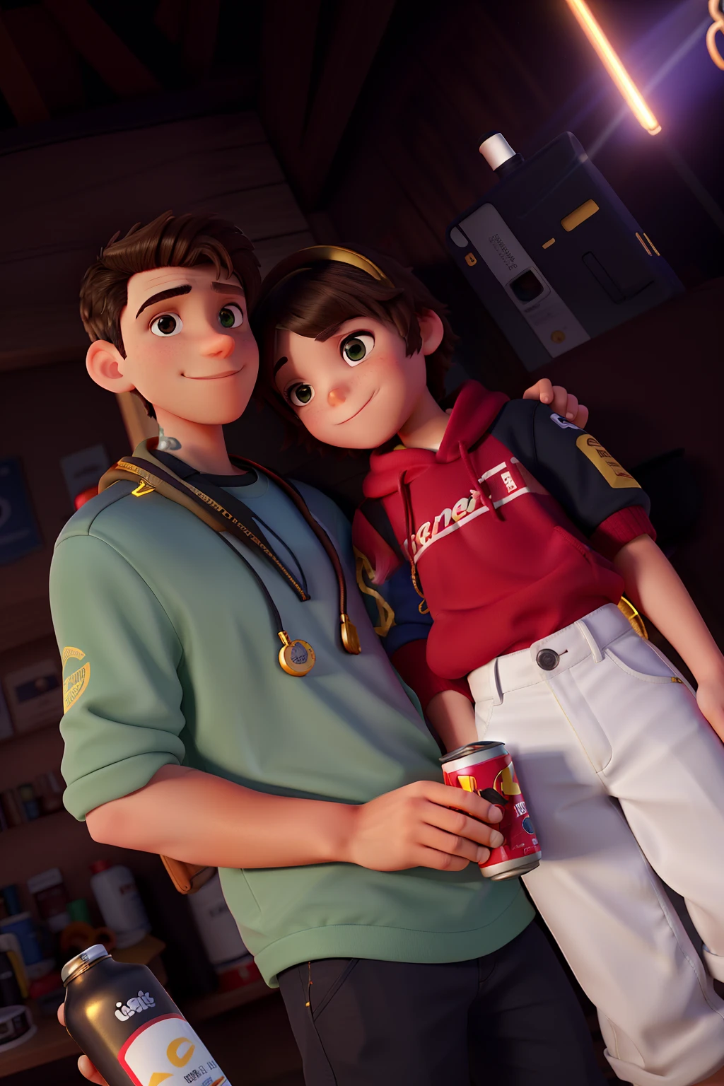 Um casal parado, Boy with gold cord is holding a can of energy drink and white girl, illuminated by the light of a camera flash , em uma boate
