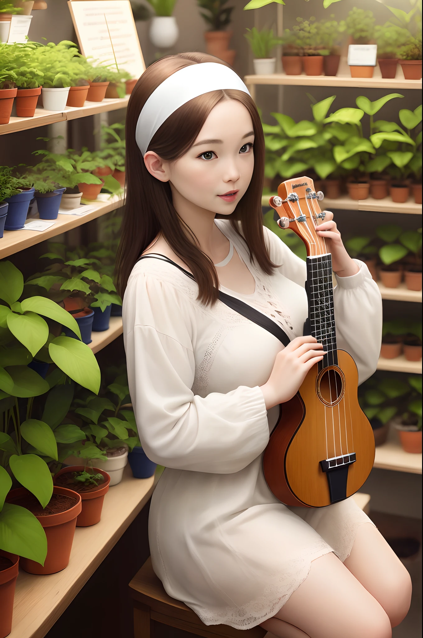 Straight-haired white woman with headband playing ukulele on the background of a plant shop