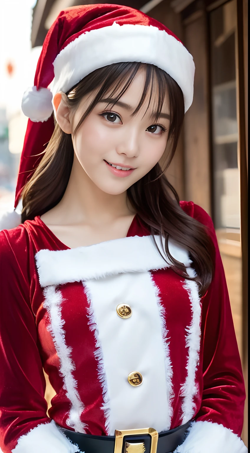 tre anatomically correct,Masterpiece of,High image quality,(Cute Santa Claus costumes:1.5),(The material of the costume is fine velvet:1.4),(Emphasizes the fluffiness of the white part of the costume:1.4),20 years old, Japan Female, (Random posture:1.4),Professional Lighting,((Japan hair)),((Natural smile)),The ultra-detailliert、High quality textures、intricate detailes、detaileds、Very detailed CG、High quality shadows、Detail Beautiful delicate face、Detail Beautiful delicate eyes、depth of fields、Ray traching,1girl in, japanaese girl, Fashion Model, slender,Warm atmosphere,Outdoors with a Christmas atmosphere