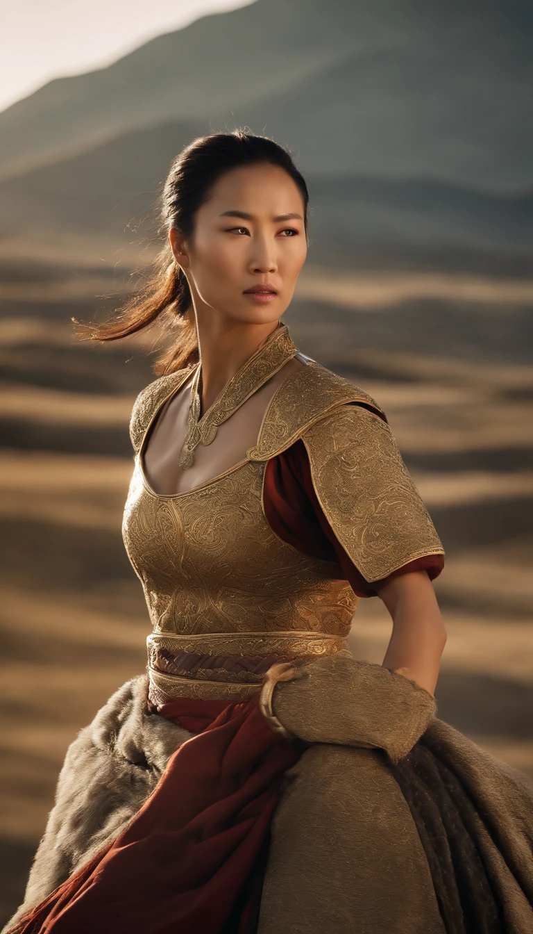 Hyper Realistic Long shot. Khutulun Mongol Princess, powerful and determined, wrestling match, vast Mongolian landscape, sun-kissed, showcasing her unparalleled strength and resilience. --v 5 --ar 16:9 --q 1