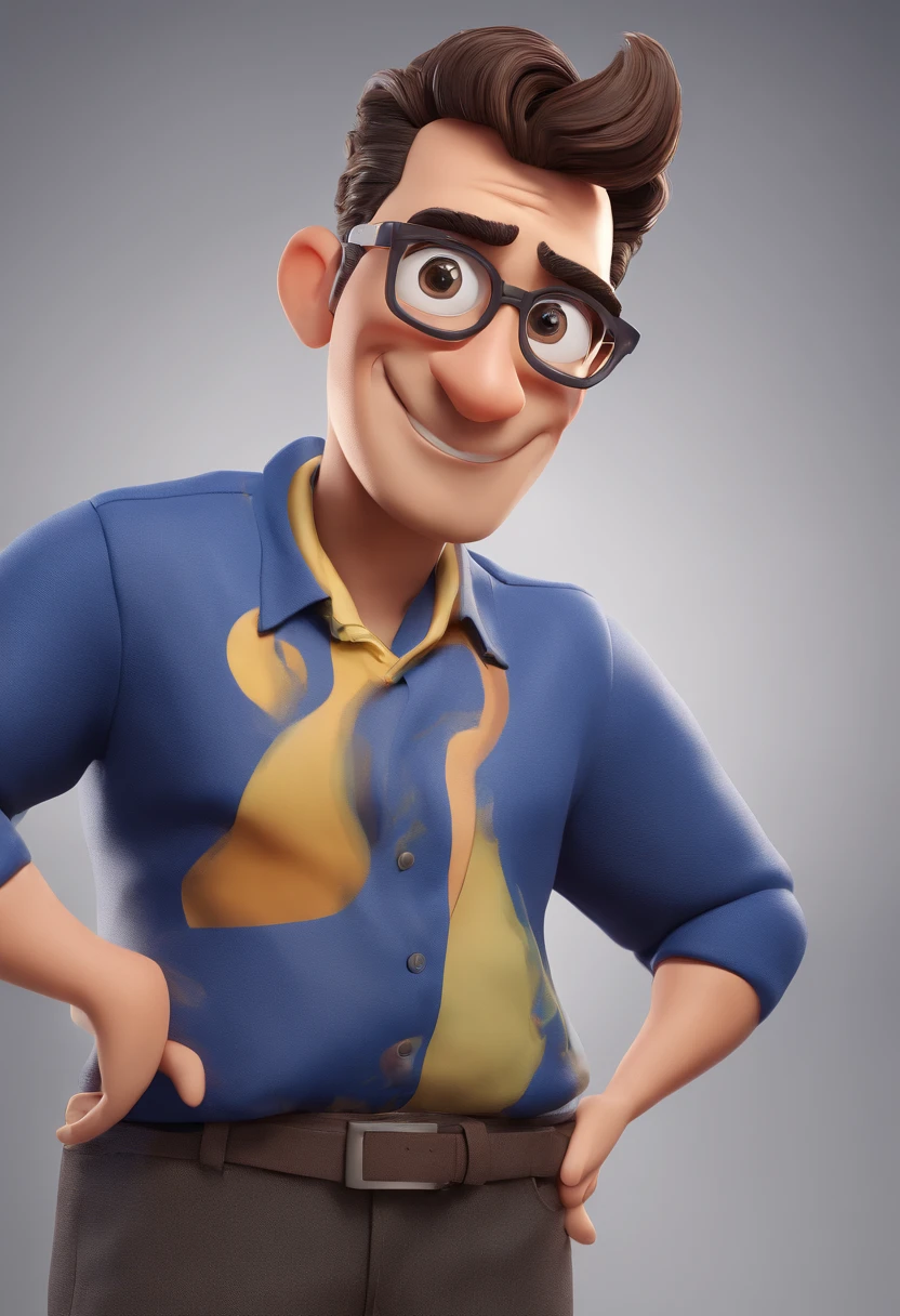 Cartoon character of a man with black glasses and a blue shirt, animation character, Caractere estilizado, animation style rendering, 3D estilizado, Arnold Maya render, 3 d render stylized, toon render keyshot, Personagem 3D, Personagem 3D, 3d rendering stylized, 3 d character render, personagem de desenho animado, Personagem de close up, Pose de personagem,  (Estilo Pixar) (master part:1.2) (Bokeh) (best quality) (pele detalhada) (textura detalhada) (8k) (argila) (Cinematic lighting) (foco nítido