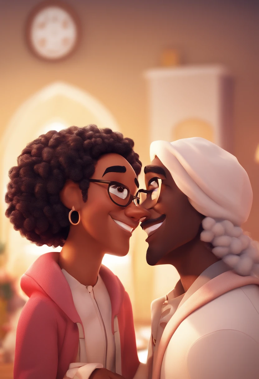 An illustration of an adorable couple, Highlighting a black man and a black woman with beautiful expressive eyes – the man's skin is black and the man's hair is curly and black, while the woman's skin is black and the woman's hair is curly and brown. They are a bright room, cada um com um sorriso no rosto, e compartilhar um momento especial caracterizado pelo amor, Insights. Illustrate this scene from a perspective where they are facing the camera, Smiling and Showing Your Connection. Desenvolva esta arte em Full HD, Focus on your cinematic touch, Estilo Disney Pixar Animations