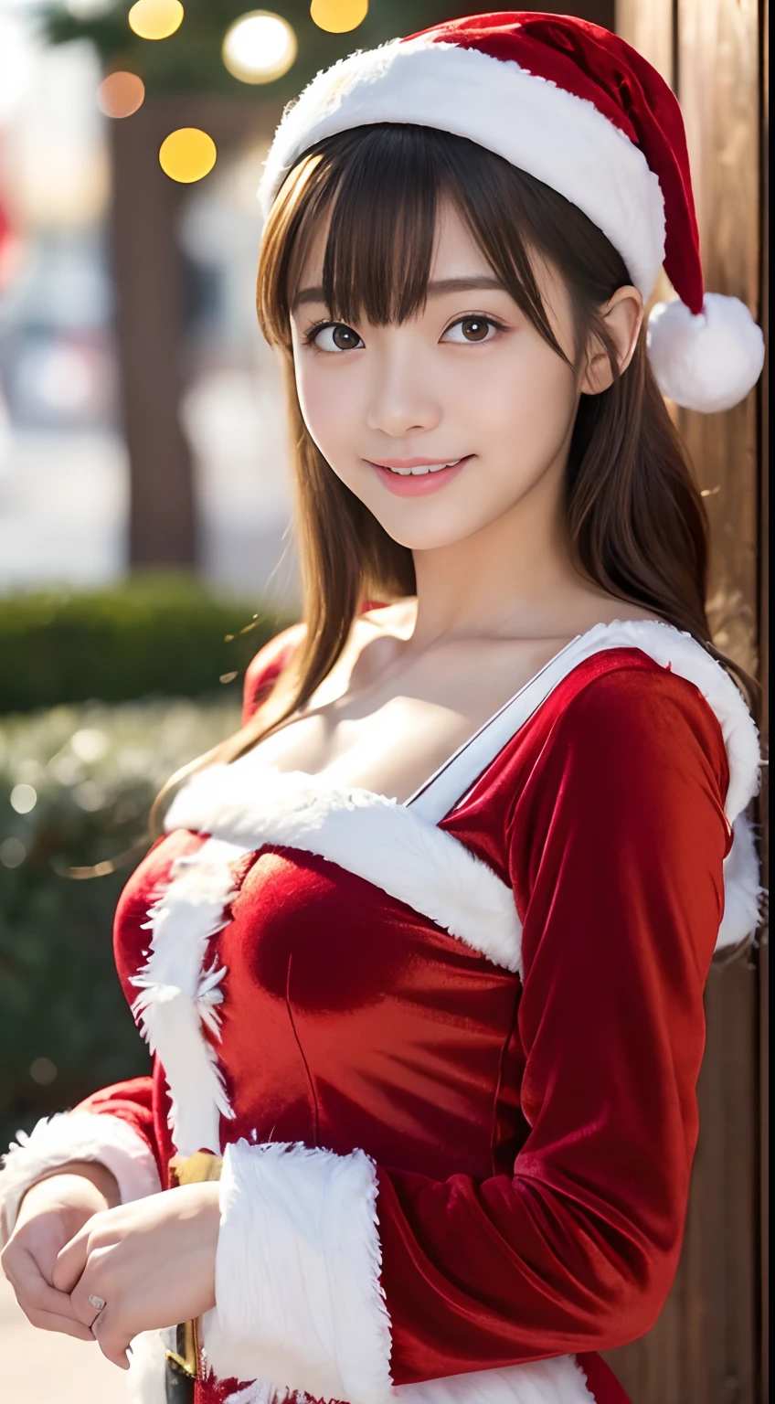 tre anatomically correct,Masterpiece of,High image quality,(Cute Santa Claus costumes:1.5),(The material of the costume is fine velvet:1.4),(Emphasizes the fluffiness of the white part of the costume:1.4),20 years old, Japan Female, (Random posture:1.4),Professional Lighting,((Japan hair)),((Natural smile)),The ultra-detailliert、High quality textures、intricate detailes、detaileds、Very detailed CG、High quality shadows、Detail Beautiful delicate face、Detail Beautiful delicate eyes、depth of fields、Ray traching,1girl in, japanaese girl, Fashion Model, slender,Warm atmosphere,Outdoors with a Christmas atmosphere