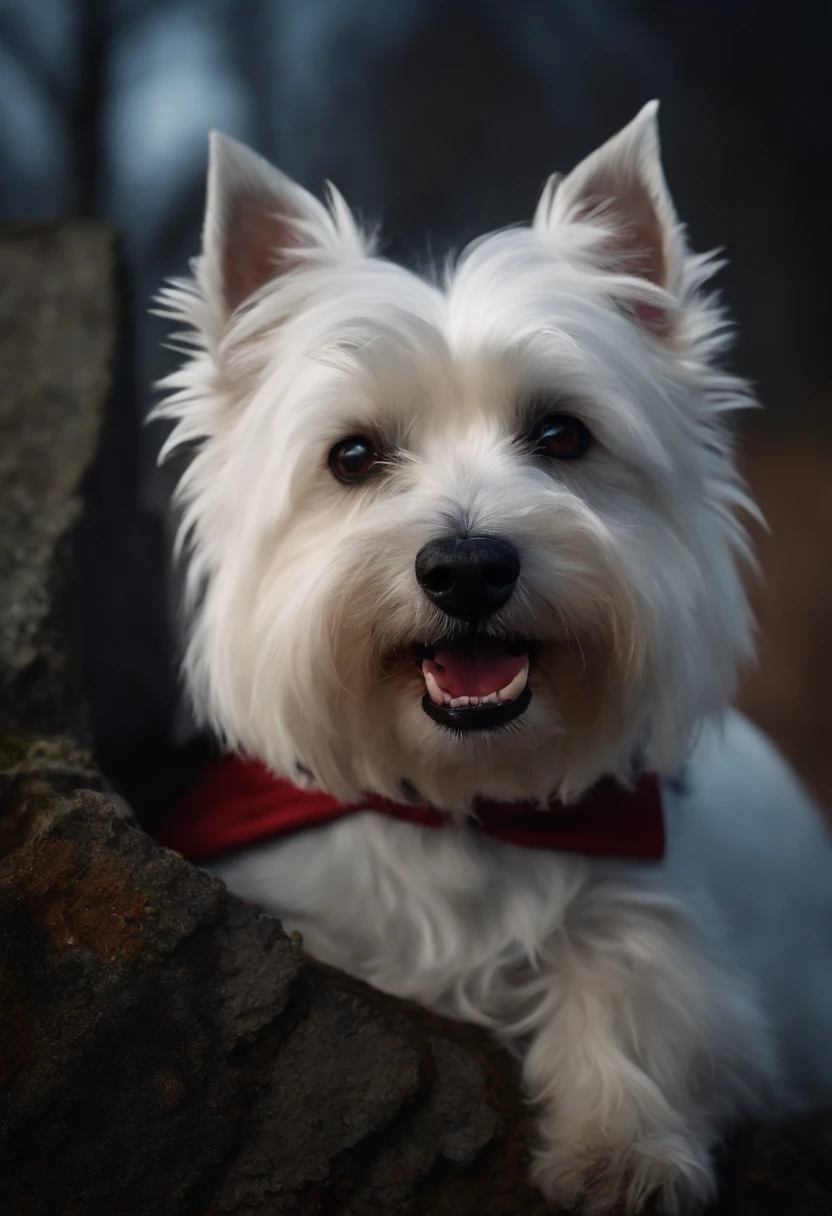 obra-prima, melhor qualidade, a vampire Westie Terrier in the graveyard with sharp teeth wearing a cape,