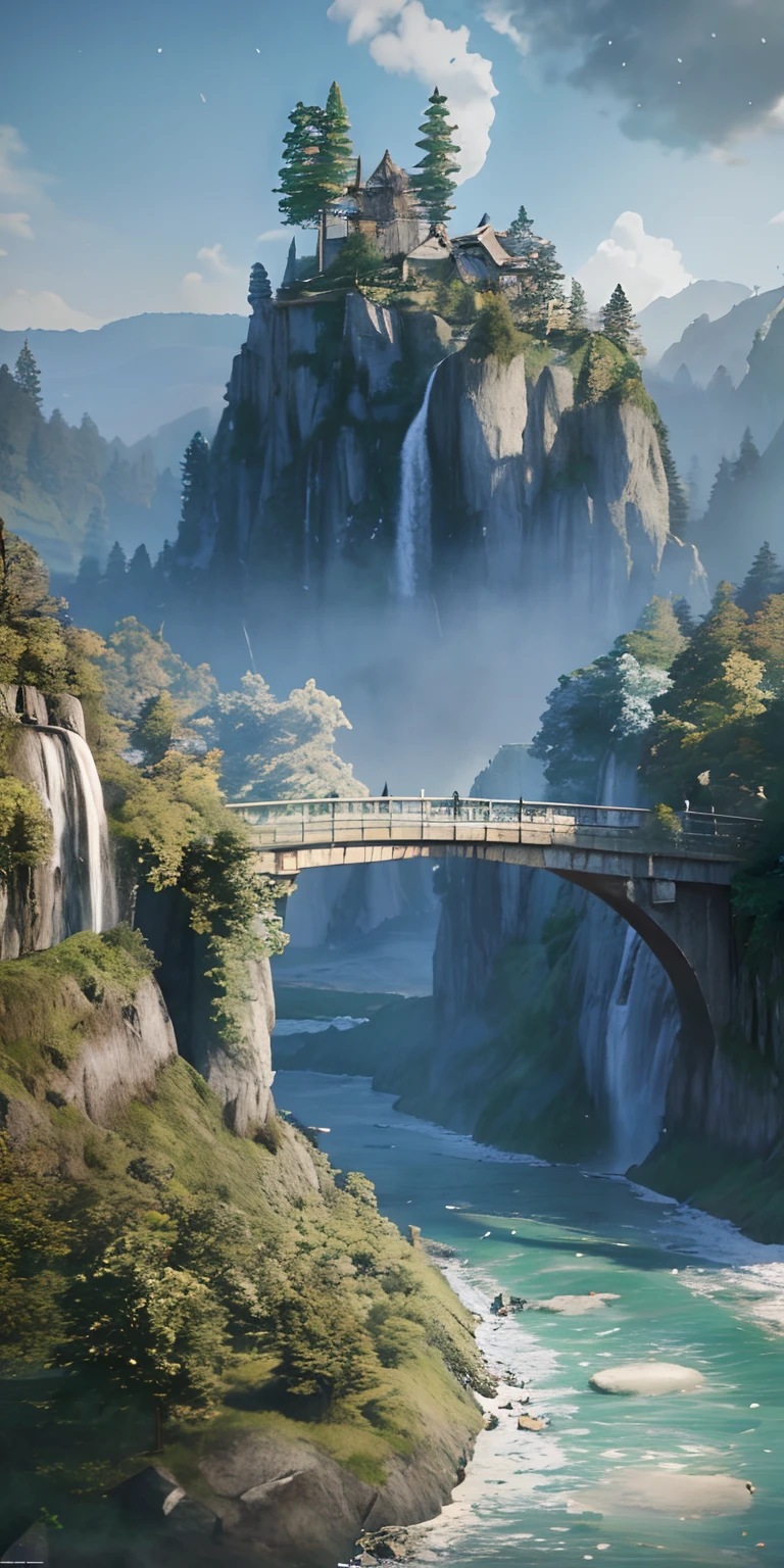Analog style,ChromaV5,nvinkpunk,(extremely detailed CG unity 8k wallpaper),An image of a majestic river, trees on the sides, tiny waterfall, intense fog ,award winning photography, Chromatic Aberration, Detailed , HDR, Bloom, style by Monet, Pissarro, and Sisley ,trending on ArtStation, trending on CGSociety, art by midjourney