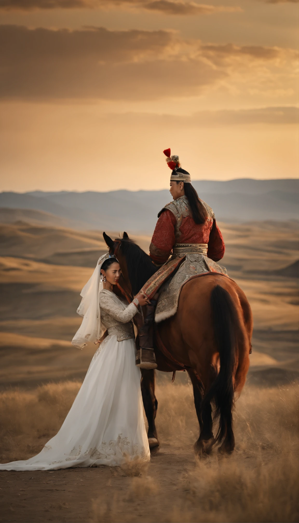 Hyper Realistic Long shot, Khutulun Mongol Princess, marriage to a man, majestic Mongolian landscape, traditional wedding attire, intricate details, historical accuracy, intense emotion, powerful legacy, --ar 16:9 --q 1 --stylize 500