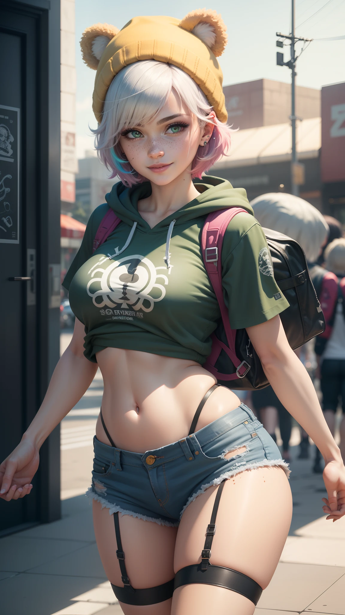 gwen tennyson,tracer,y'shtola rhul,yorha 2b,overwatch,nier automata,mecha pilot,concert stage,tattoos,orange and pink plugsuit,white short sleeve lycra top,white cargo leggings,uncovered belly,short hair,punk makeup,green eyes,multicolored silver hair,sexy smile,freckles,beautiful girl,large breasts,8k,ultra detailed,realistic,fantasy art,kpop idol,ear piercings,kpop outfit,saiyan girl,short sleeve kpop hoodie,graffiti wall art,walking,dog tag necklace,concert headset,