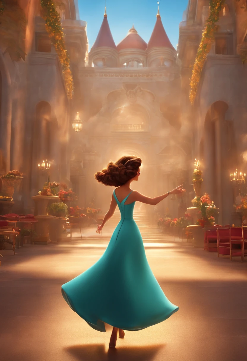 "(best quality,ultra-detalhado,Realistic:1.37),3D rendering,illustration,design de personagens,cabelos curtos e cacheados escuros,belos olhos detalhados,wearing white glasses,Estilo Pixar,morena mulher,Dancing on the Disney stage,atmosfera animada,vivid colors,luzes de palco,expression joyful"