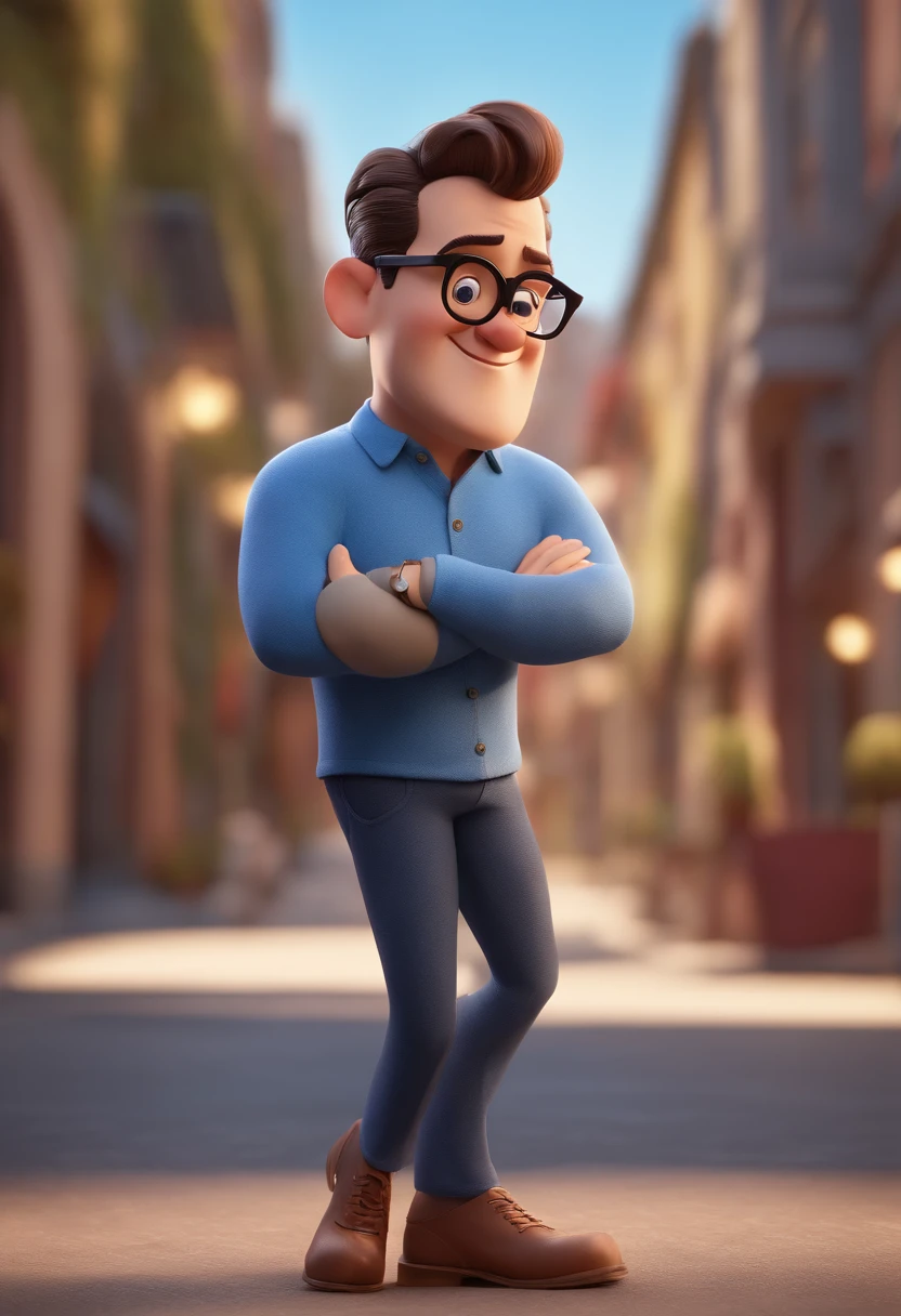 Cartoon character of a man with round black glasses and a blue shirt, animation character, Caractere estilizado, animation style rendering, 3D estilizado, Arnold Maya render, 3 d render stylized, toon render keyshot, Personagem 3D, Personagem 3D, 3d rendering stylized, 3 d character render, personagem de desenho animado, Personagem de close up, Pose de personagem, (Estilo Pixar) (master part:1.2) (Bokeh) (best quality) (pele detalhada) (textura detalhada) (8k) (argila) (Cinematic lighting) (foco nítido