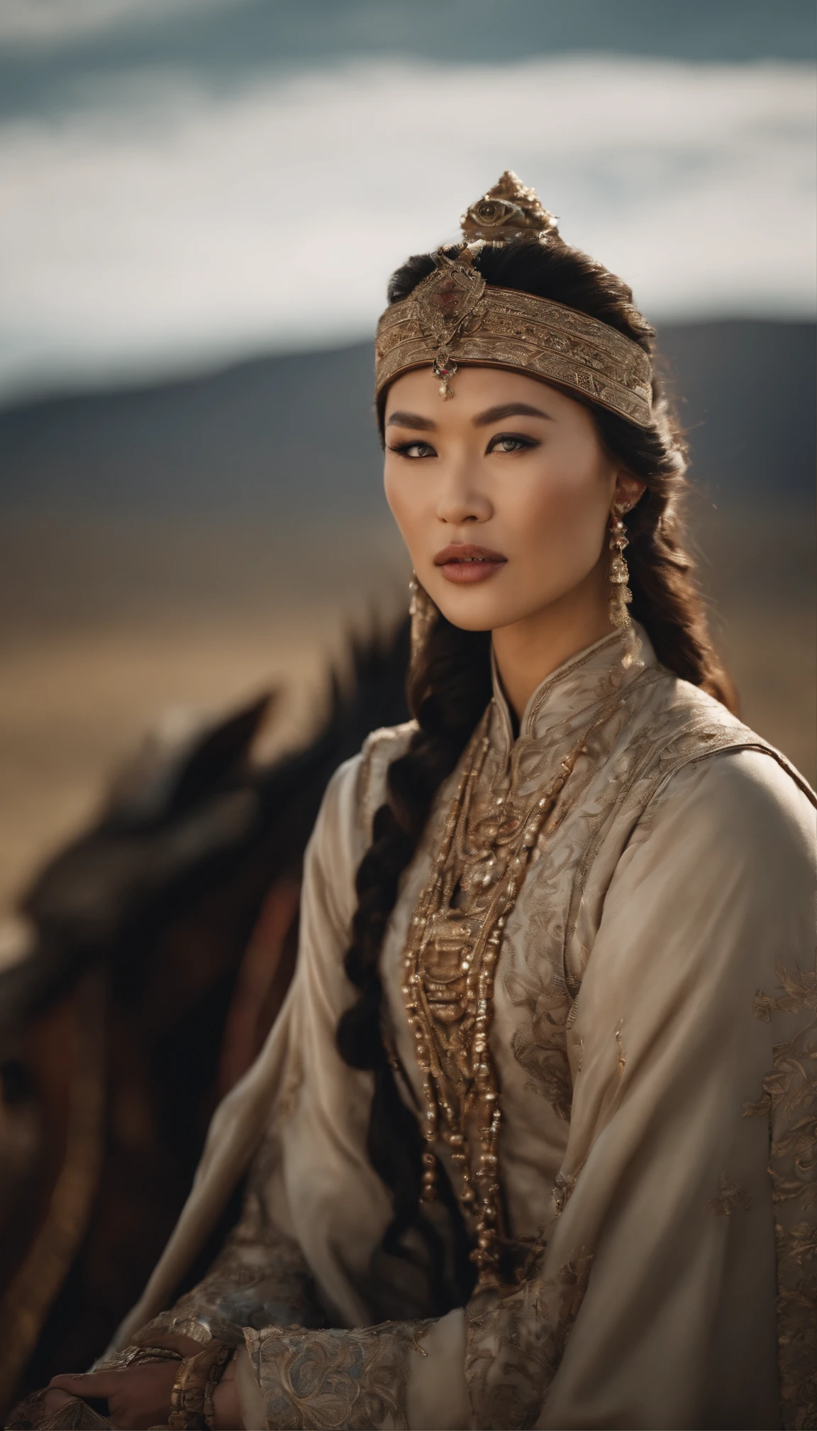 Hyper Realistic Long shot, Khutulun Mongol Princess, marriage to a man, majestic Mongolian landscape, traditional wedding attire, intricate details, historical accuracy, intense emotion, powerful legacy, --ar 16:9 --q 1 --stylize 500