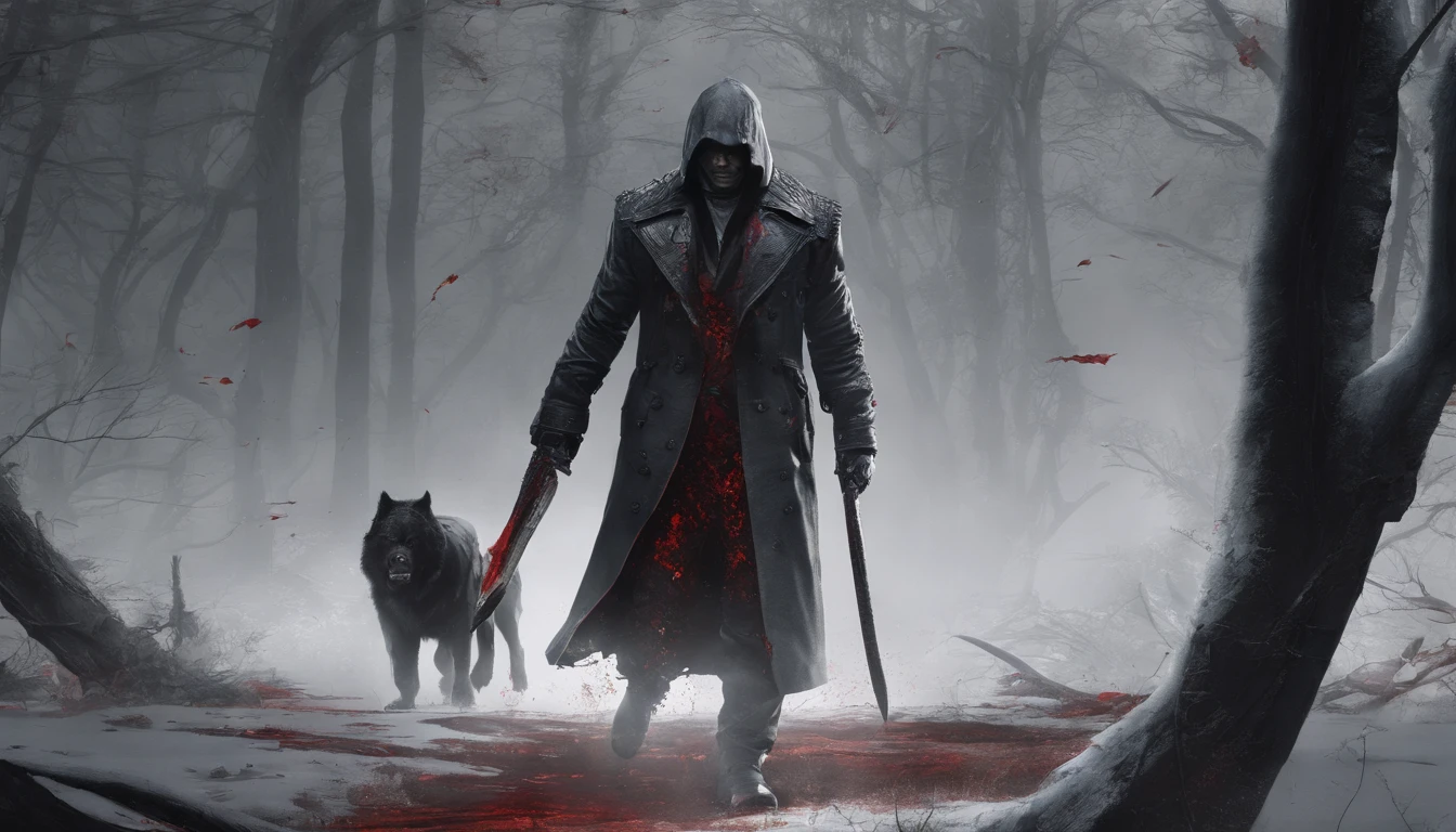 um homem, sem rosto, alto e musculoso com terno preto。completamente realista, He holds a blood-stained machete chasing a woman in torn clothes through a dark forest. Where the thunder beats and full of bones next to the trees Full High Resolution, bem feito，rico em detalhes