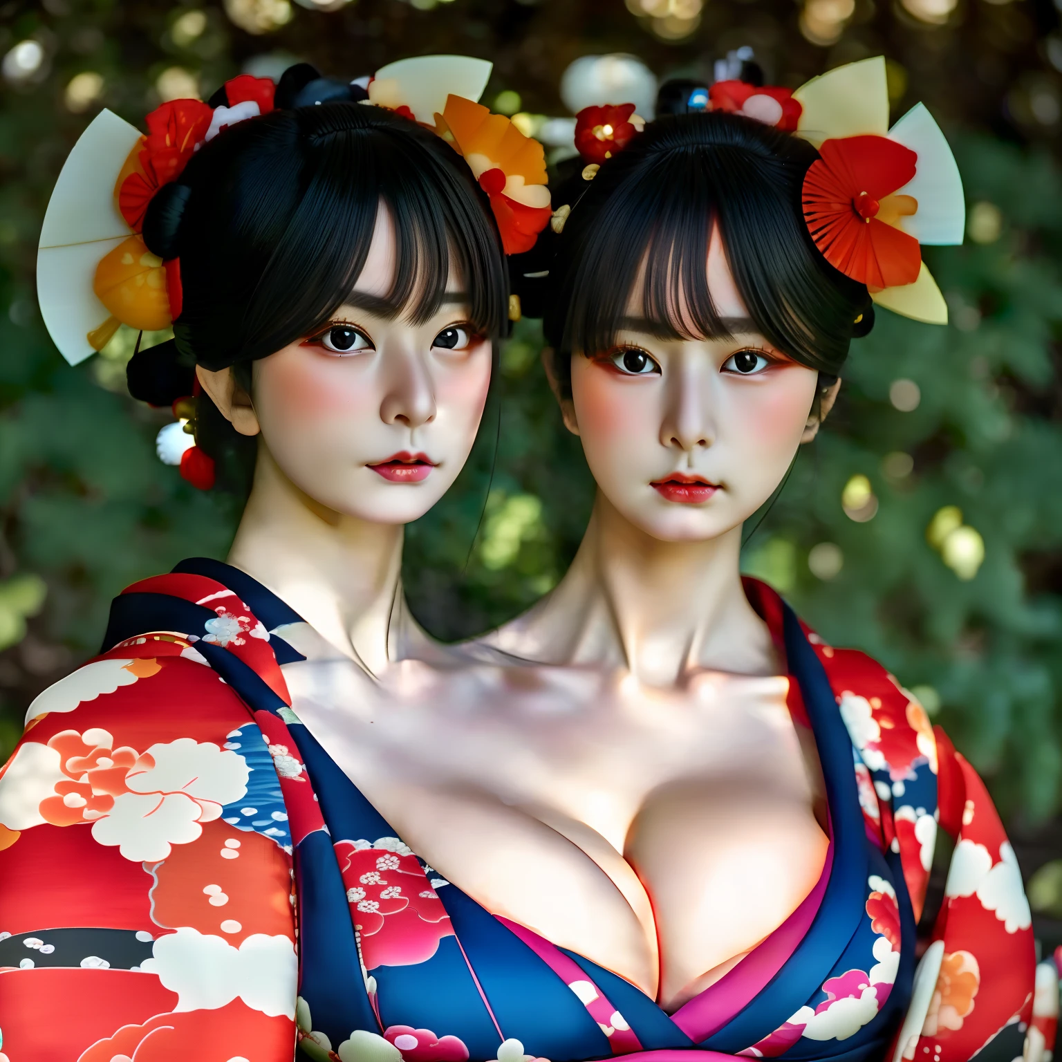 ((2heads)), ((double cleavage)), ((tribreasts)), masterpiece, best quality, highres, 1girl 22 ahoge hair ornament, kimono