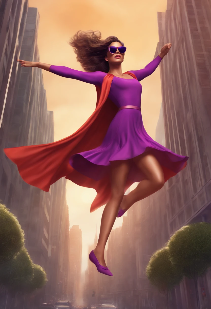 Girl in purple dress and sunglasses flying, Supergirl Pose Flying with One Arm Stretched Out, cabelo curto, estilo cartoon, dia ensolarado, corpo inteiro