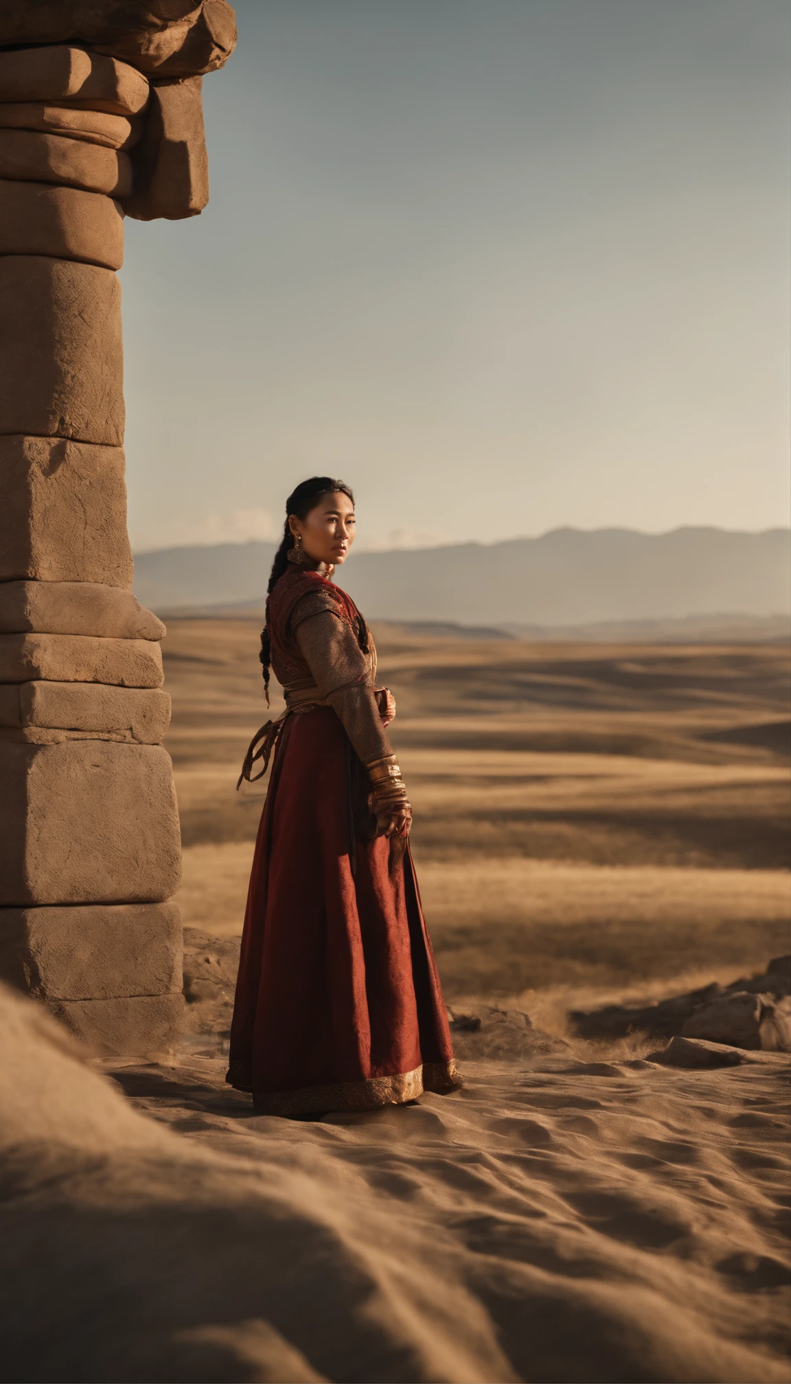 Hyper Realistic Long shot. Khutulun Mongol Princess, powerful and determined, wrestling match, vast Mongolian landscape, sun-kissed, showcasing her unparalleled strength and resilience. --v 5 --ar 16:9 --q 1