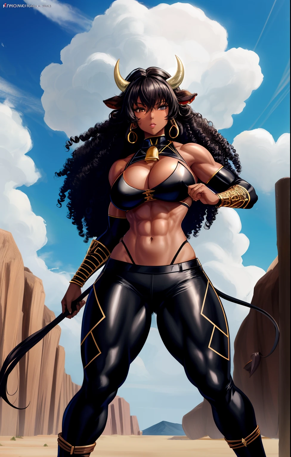 anime, best quality,ultra-detailed, full body portrait,african female african woman, black woman, black skin, firbolg, horns, bull horns on her head, black hair, tall and muscled, hooves, afro curly black hair, cow ears, very curly hair, fit anime woman, black skin, muscled biceps, muscled abs, armor, cow tail, powerful warrior woman, black pants,  bone jewelry, fighting pose.