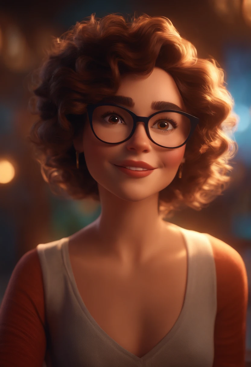 Pixar style image with 3D character white glasses brunette woman short curly hair dancing, Maquiagem Disney,Pescador, bonitinho, sorridente ,Close-up, Pixar, Disney, Cinema lighting,