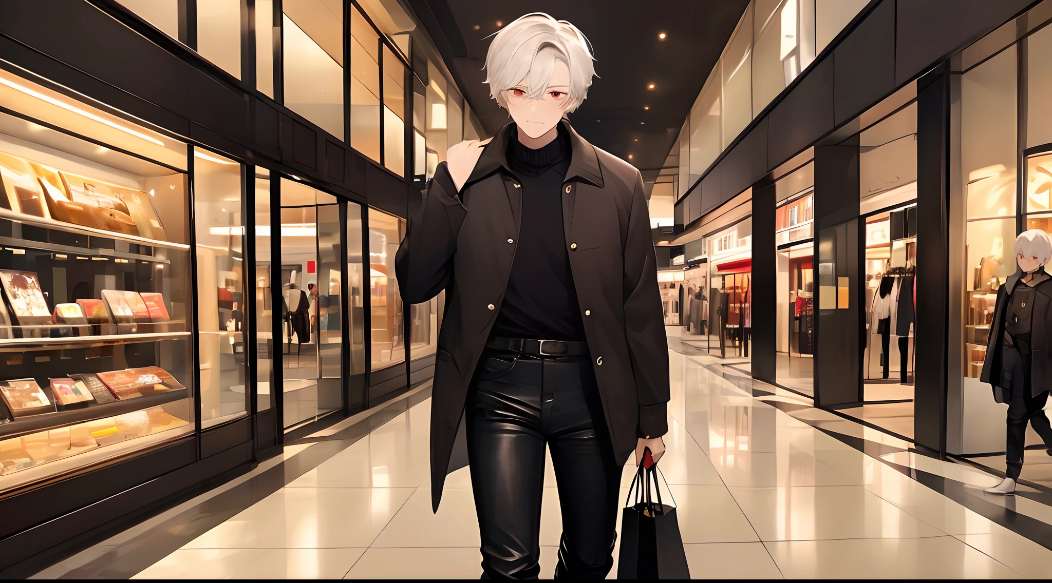 (4K works))、masterpiece、(top-quality)、((shopping mall))、Korean Male、Adult male、((Adult 50 years old))、((Adult uncle type))、((Leather Jeans Style))、((Face similar to Hyunjin))、Cool Men、tall、((Gentle face))、((Cool werewolf fashion in black))、((Long sleeve long trouser style))、((Smaller face))、Slim body、((Uncle))、((white hair))、((white short-haired))、((Red Eyes))、((shot from front))、((Shot alone))、((Solo Photography))、Professional Photos、((Reach out to your audience))、((He walks in front of the viewer))、((dad bod))、