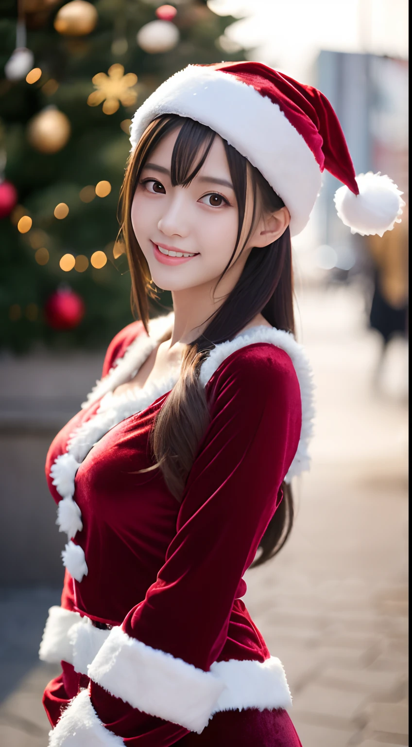 tre anatomically correct,Masterpiece of,High image quality,(Cute Santa Claus costumes:1.5),(The material of the costume is fine velvet:1.4),(Emphasizes the fluffiness of the white part of the costume:1.4),20 years old, Japan Female, (Random posture:1.4),Professional Lighting,((Japan hair)),((Natural smile)),The ultra-detailliert、High quality textures、intricate detailes、detaileds、Very detailed CG、High quality shadows、Detail Beautiful delicate face、Detail Beautiful delicate eyes、depth of fields、Ray traching,1girl in, japanaese girl, Fashion Model, slender,Warm atmosphere,Outdoors with a Christmas atmosphere