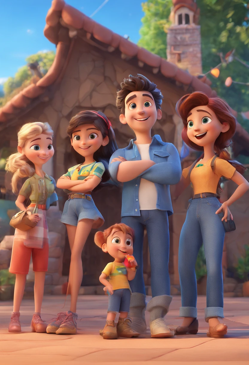 Desenho animado de alunos na escola juntos, 3D Animation Movie Poster, Poster de filme animado, pixar 3 d animation style, pixar renderman rendering, maia 8 mil, animated film, Disney Pixar Estilo 3D, amigos felizes saem juntos, all wearing dark blue shirts and long light denim pants, camisa azul escura, Light denim long pants, ao ar livre, vacation, Disney Pixar Animation Poster